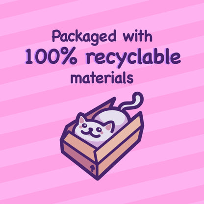 Cat in a box with '100% recyclable materials' text on a pink background