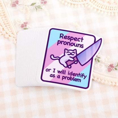 Funny Respect Pronouns Vinyl Sticker | Trans, Gender Fluid & Non-Binary Pride