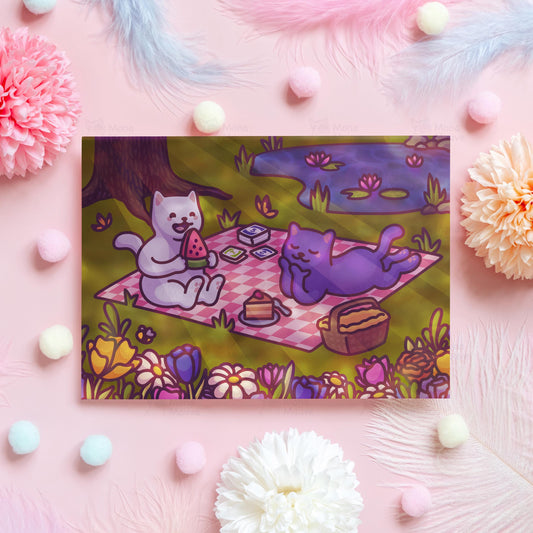 Cat Picnic Valentine's Day Card | Cute Cat Illustration by Mona Mauve