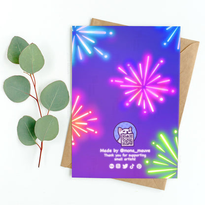 2025 Cute New Year Card | Cat with Fireworks