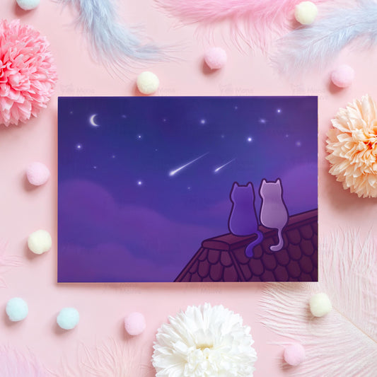 Shooting Stars Valentine's Day Card | Cute Cat Illustration by Mona Mauve