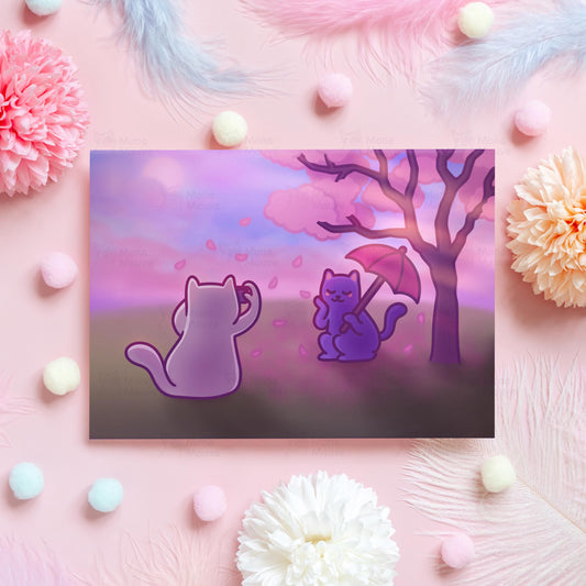 Cute Valentine's Day Card | Cats in Falling Cherry Blossoms