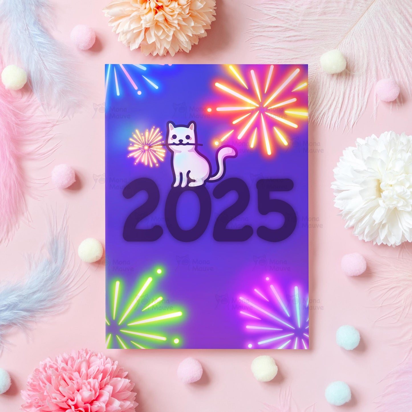 2025 Cute New Year Card | Cat with Fireworks