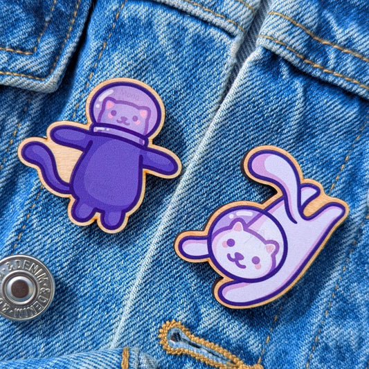 2 Cute Space Cat Wooden Pin Set