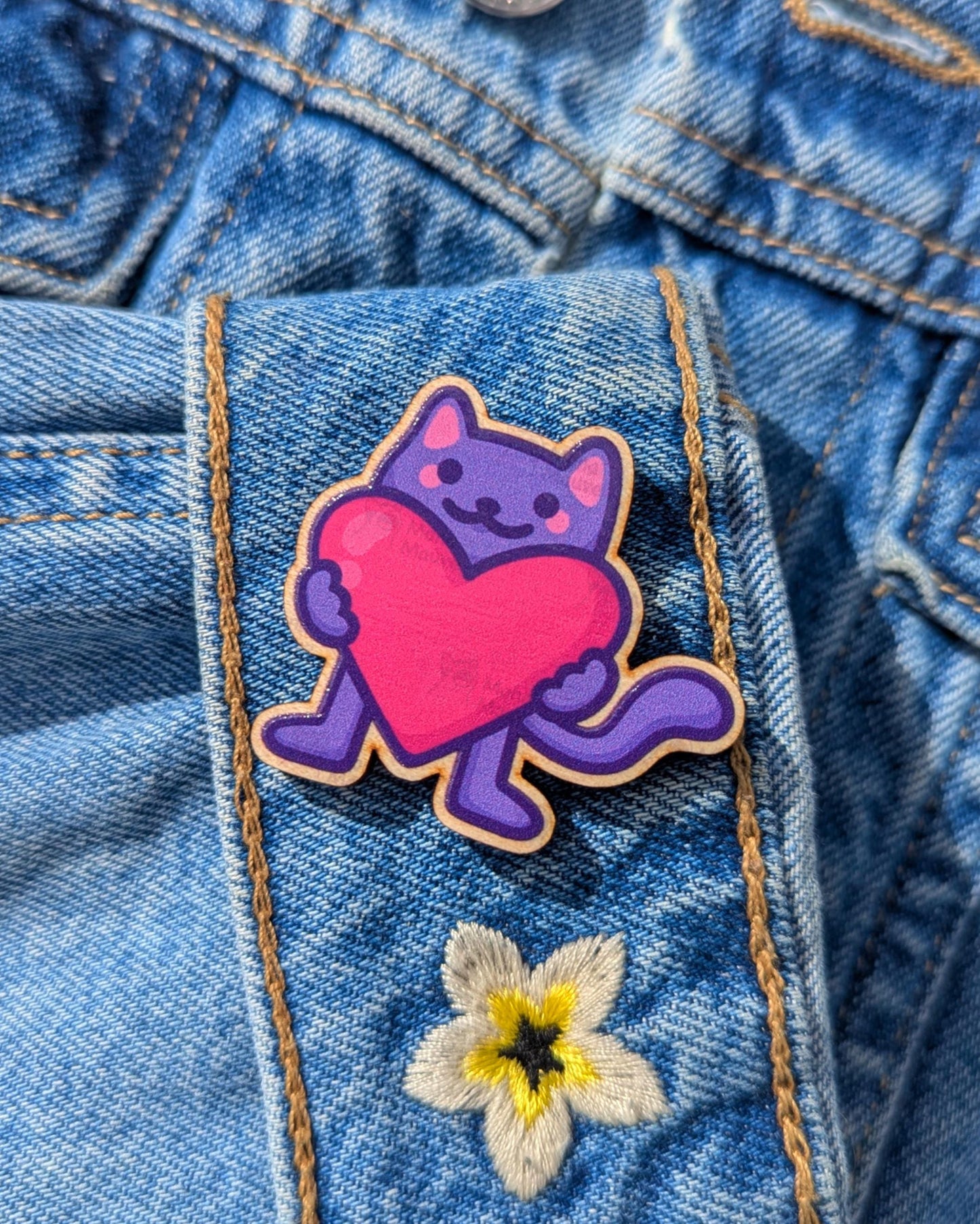 Cute Cat Wooden Pin | Cat Holding a Heart