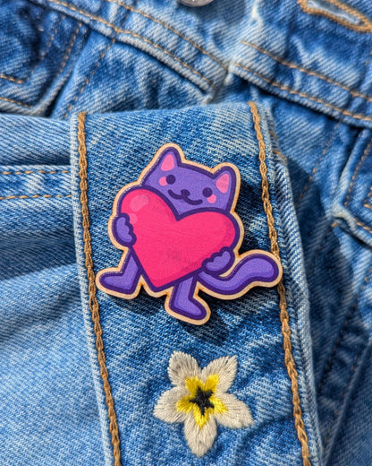 Cute Cat Wooden Pin | Cat Holding a Heart
