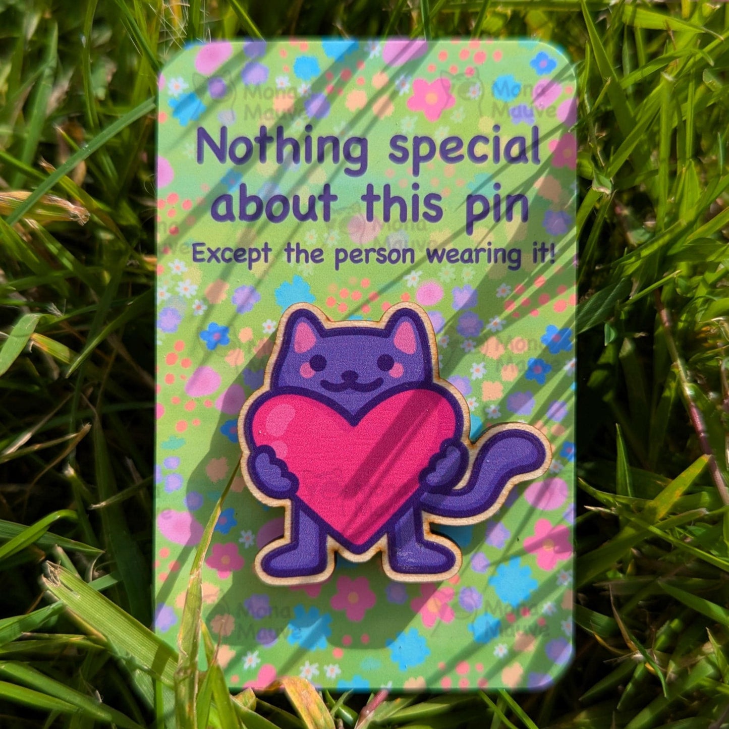 Cute Cat Wooden Pin | Cat Holding a Heart