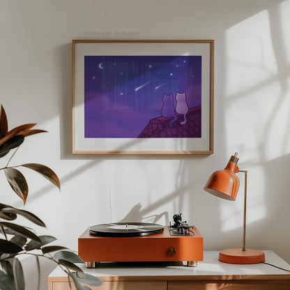Cats Looking at Shooting Stars Art Print | Cute Space Poster