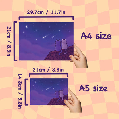 Cats Looking at Shooting Stars Art Print | Cute Space Poster