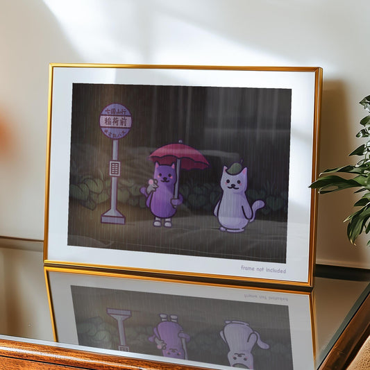 Cats in the Rain at a Bus Stop | Anime Inspired Poster