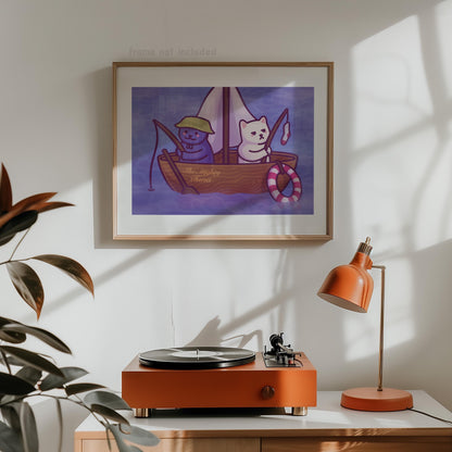 Kitties in a Boat Fishing Art Print | Cute Cat Poster