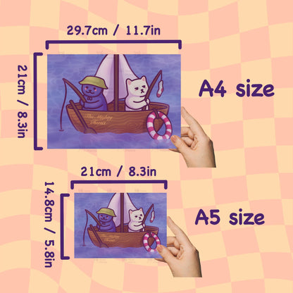 Kitties in a Boat Fishing Art Print | Cute Cat Poster