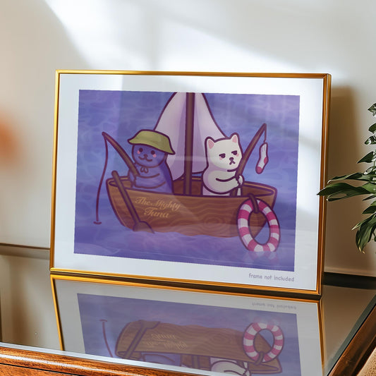 Kitties in a Boat Fishing Art Print | Cute Cat Poster