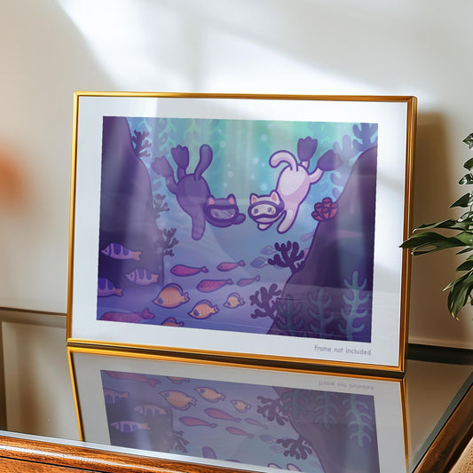 Scuba Diving Cats Art Print | Cute Underwater Art Poster