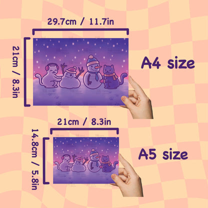 Cats Building Snowmen Art Print | Funny Winter Poster