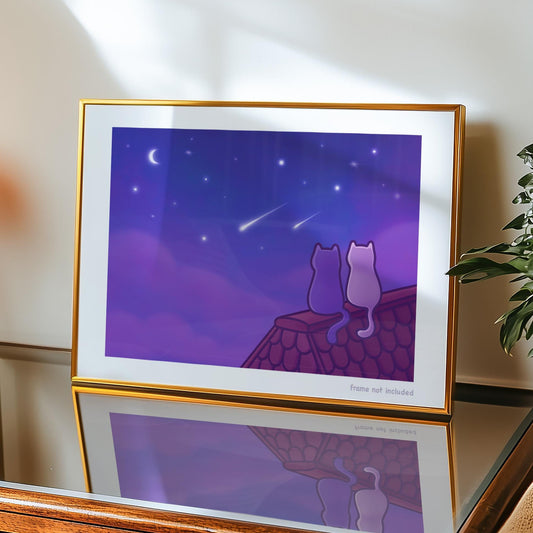 Cats Looking at Shooting Stars Art Print | Cute Space Poster