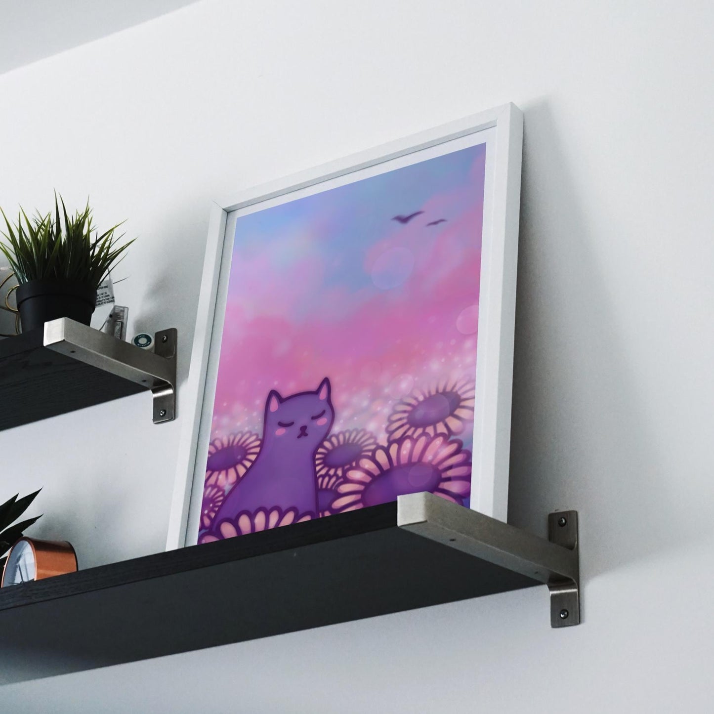 Cat in a Sunflower Field | Cute Nature Art Print