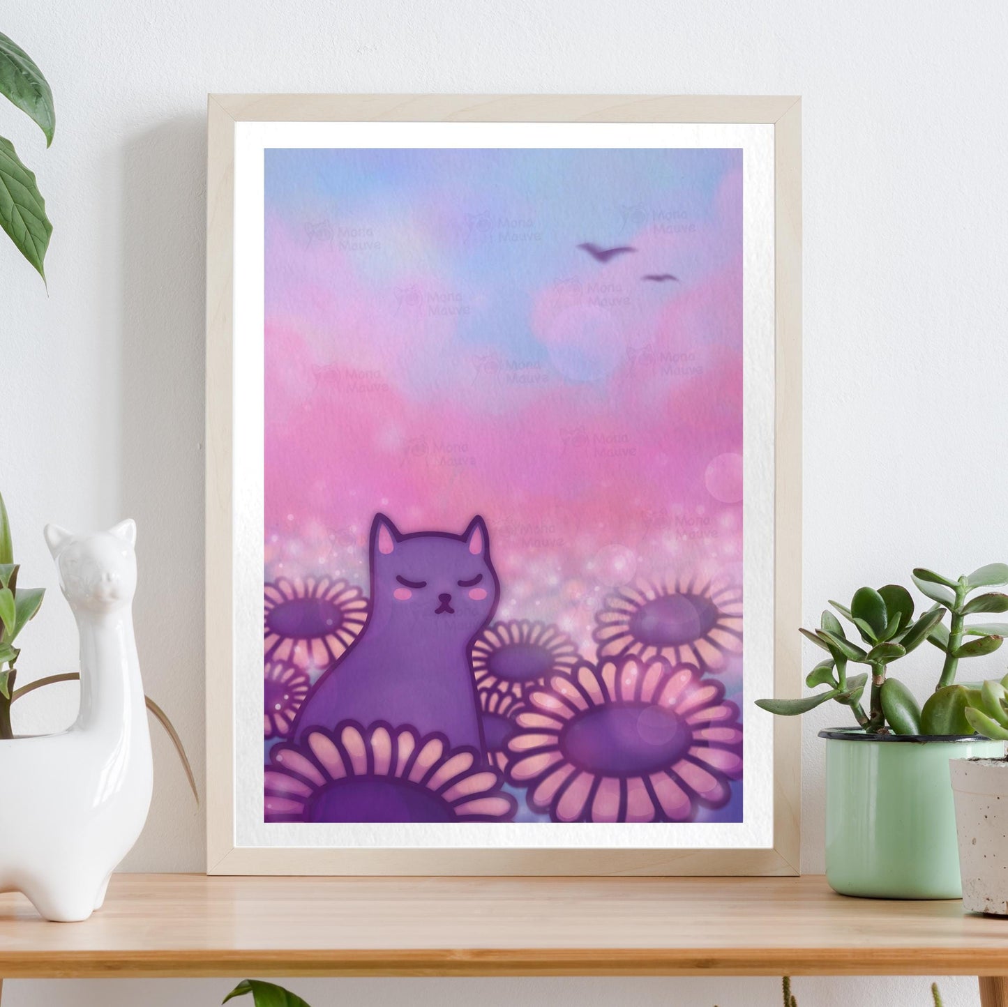 Cat in a Sunflower Field | Cute Nature Art Print