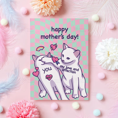 Relatable cat mothers day card hand-drawn illustration by Mona Mauve