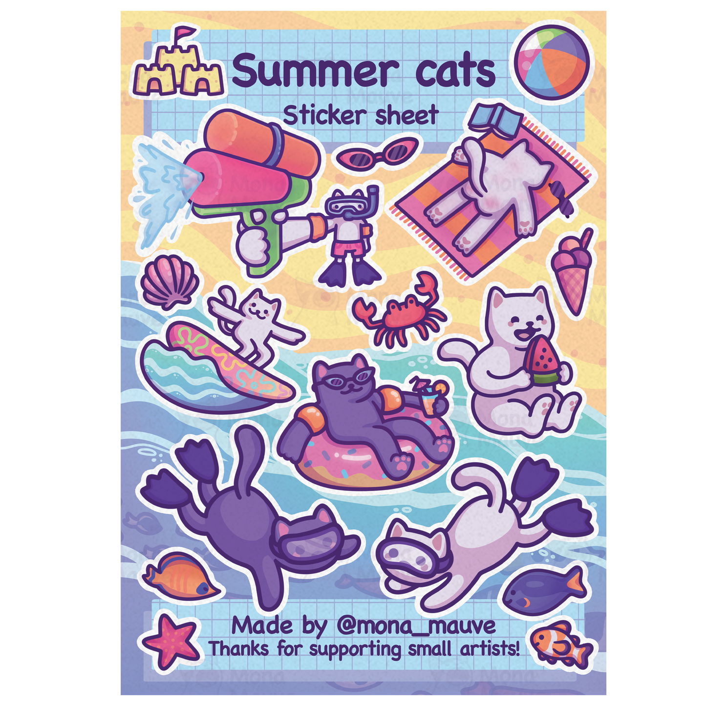 Summer Cats Sticker Sheet | 17 Beach Cat Vinyl Stickers