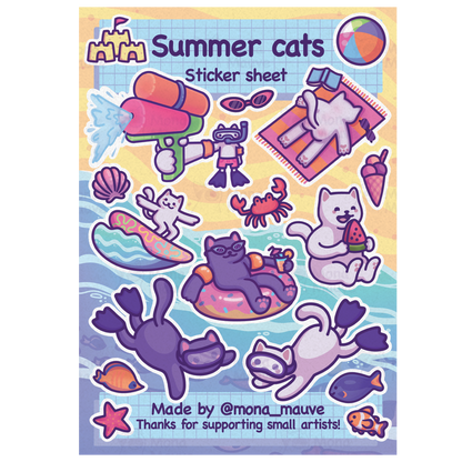 Summer Cats Sticker Sheet | 17 Beach Cat Vinyl Stickers