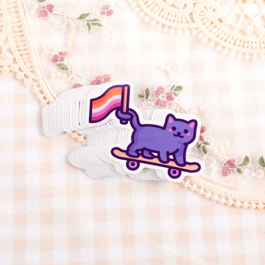 Lesbian Pride Sticker | LGBTQ+ Flag Cat on Skateboard