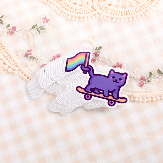LGBTQ+ Pride Sticker | Rainbow Flag Cat on Skateboard