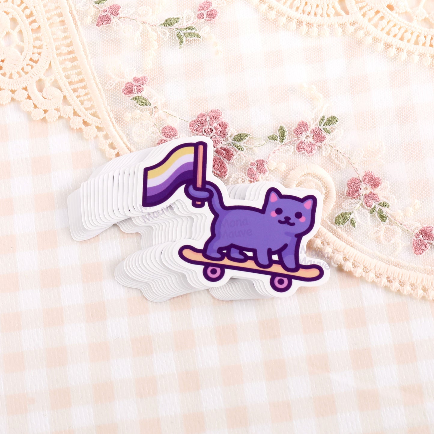 Non Binary Pride Sticker | Enby Flag Cat on Skateboard