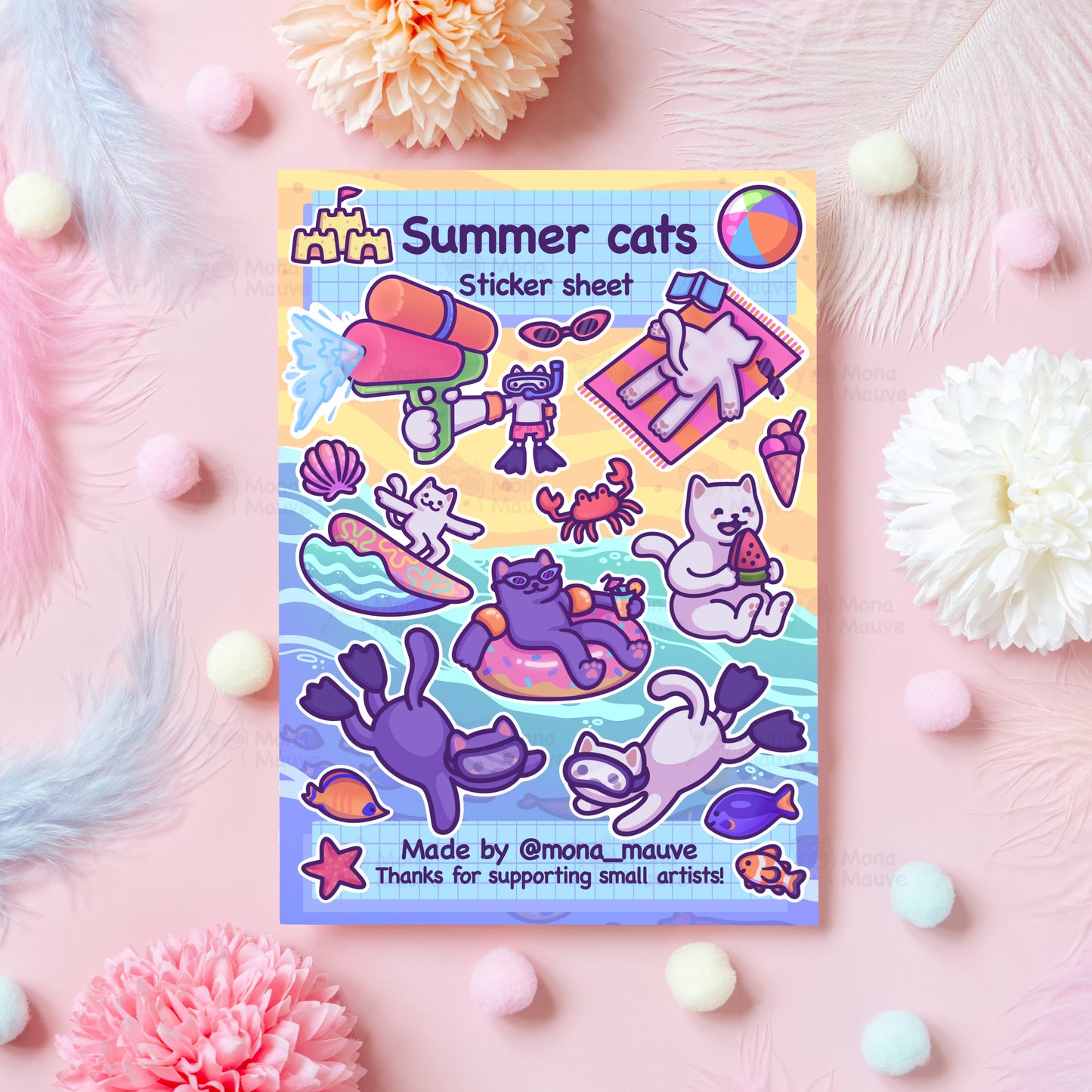 Summer Cats Sticker Sheet | 17 Beach Cat Vinyl Stickers