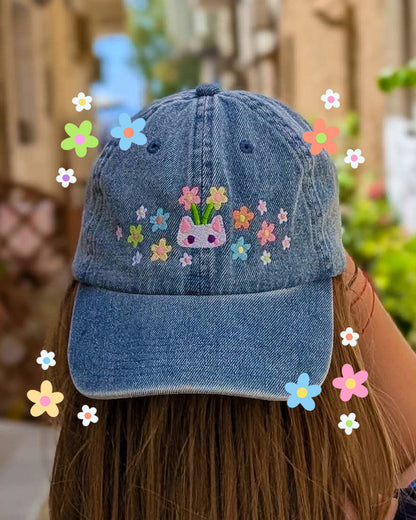 Floral Cat Embroidered Denim Cap | Kitty With Flowers | Pastel Summer Hat