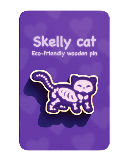 Skelly Cat Pin Badge | Cute Halloween Wooden Pin