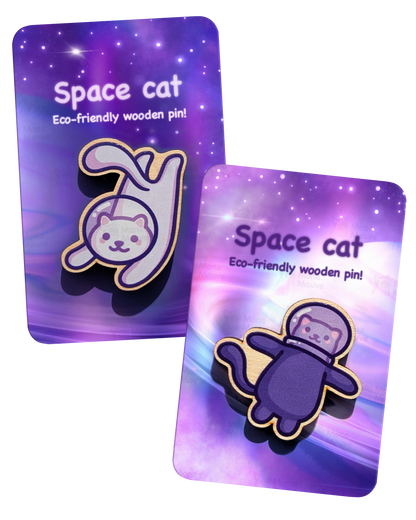 2 Cute Space Cat Wooden Pin Set
