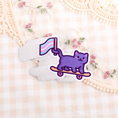 Cute Trans Pride Sticker | Trans Flag Cat on Skateboard