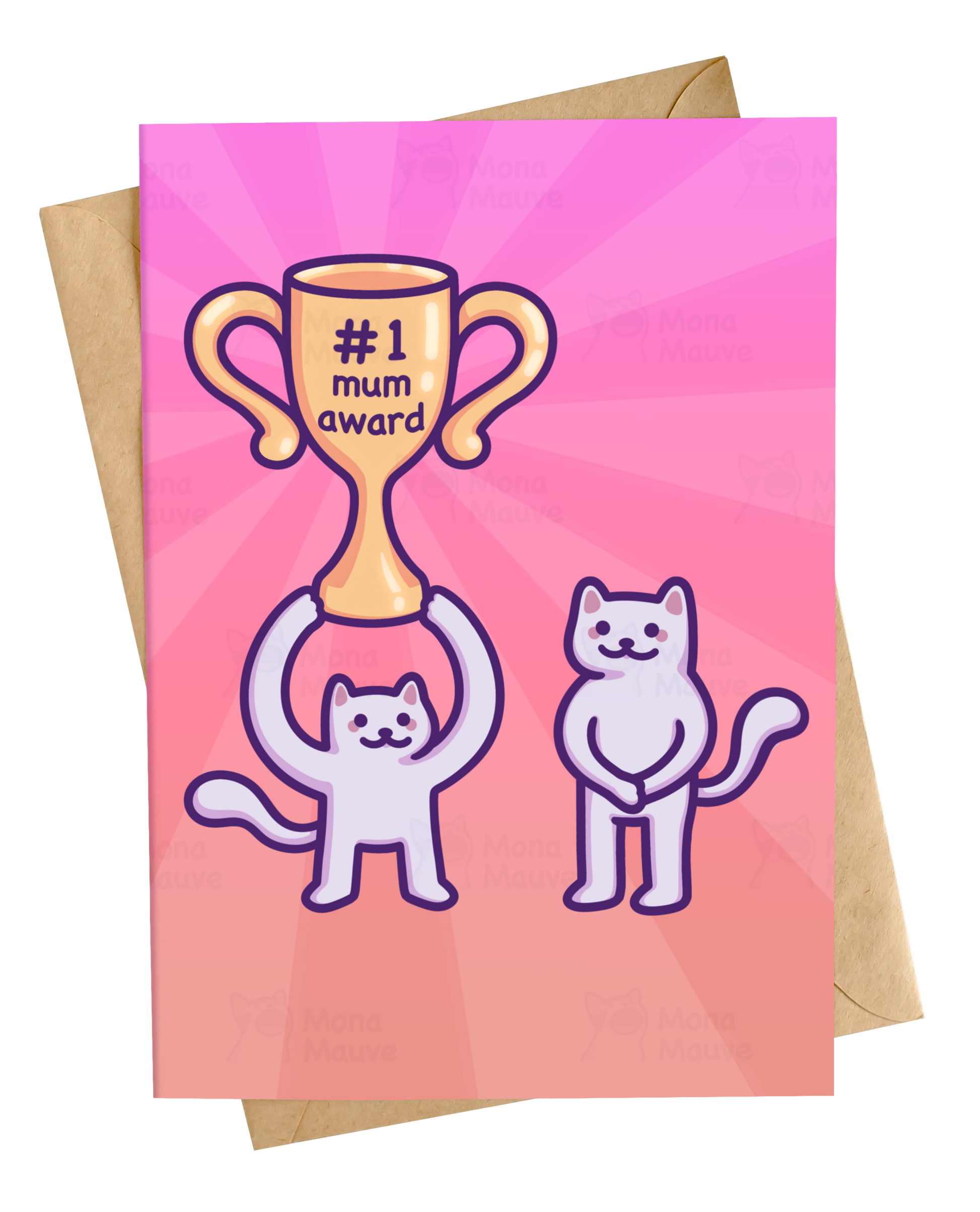 Cute kitten presenting number 1 mum trophy to proud mother cat illustration