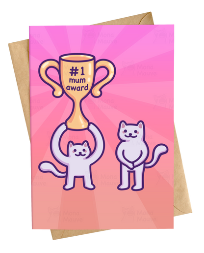 Cute kitten presenting number 1 mum trophy to proud mother cat illustration