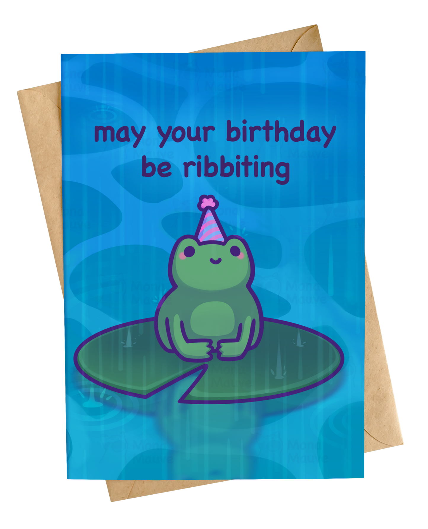 Funny frog birthday card with hand-drawn frog illustration on blue water background. It reads: may your birthday be ribbting