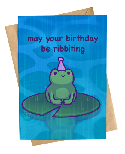 Funny frog birthday card with hand-drawn frog illustration on blue water background. It reads: may your birthday be ribbting