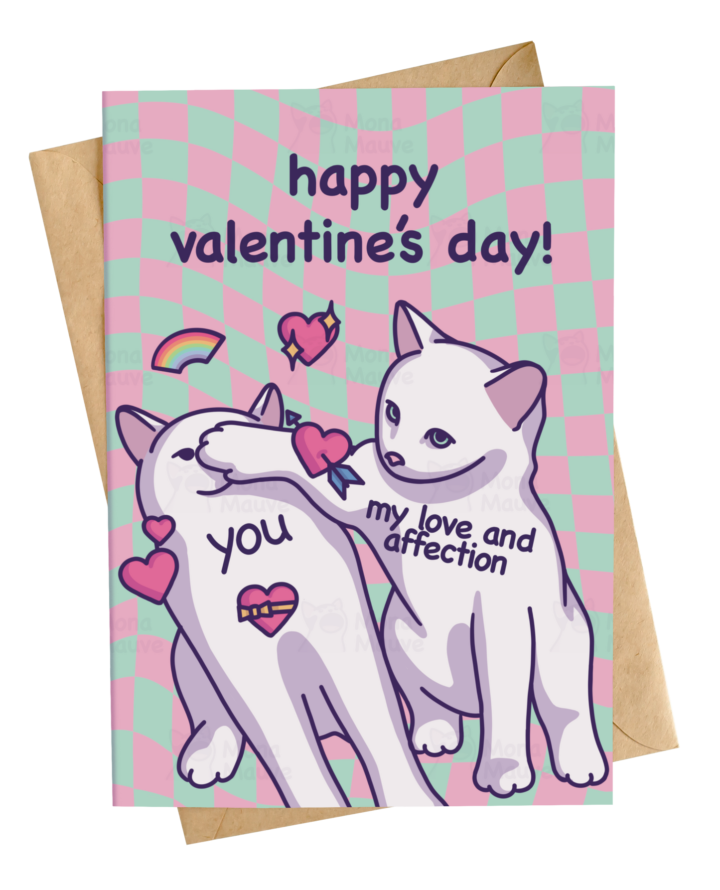 Funny cat valentines day card showing cat pressing paw labelled love and affection onto another cats face on checkered background