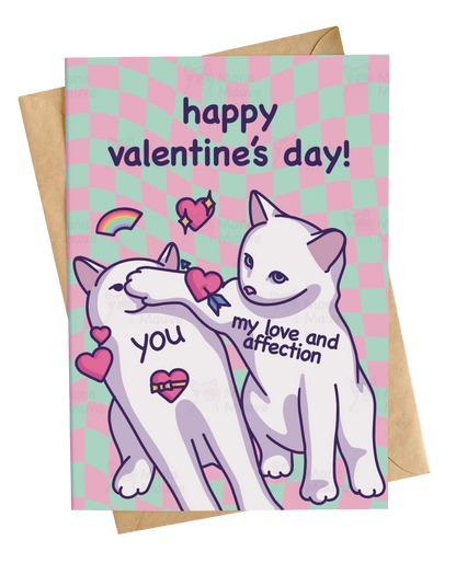 Funny cat valentines day card showing cat pressing paw labelled love and affection onto another cats face on checkered background