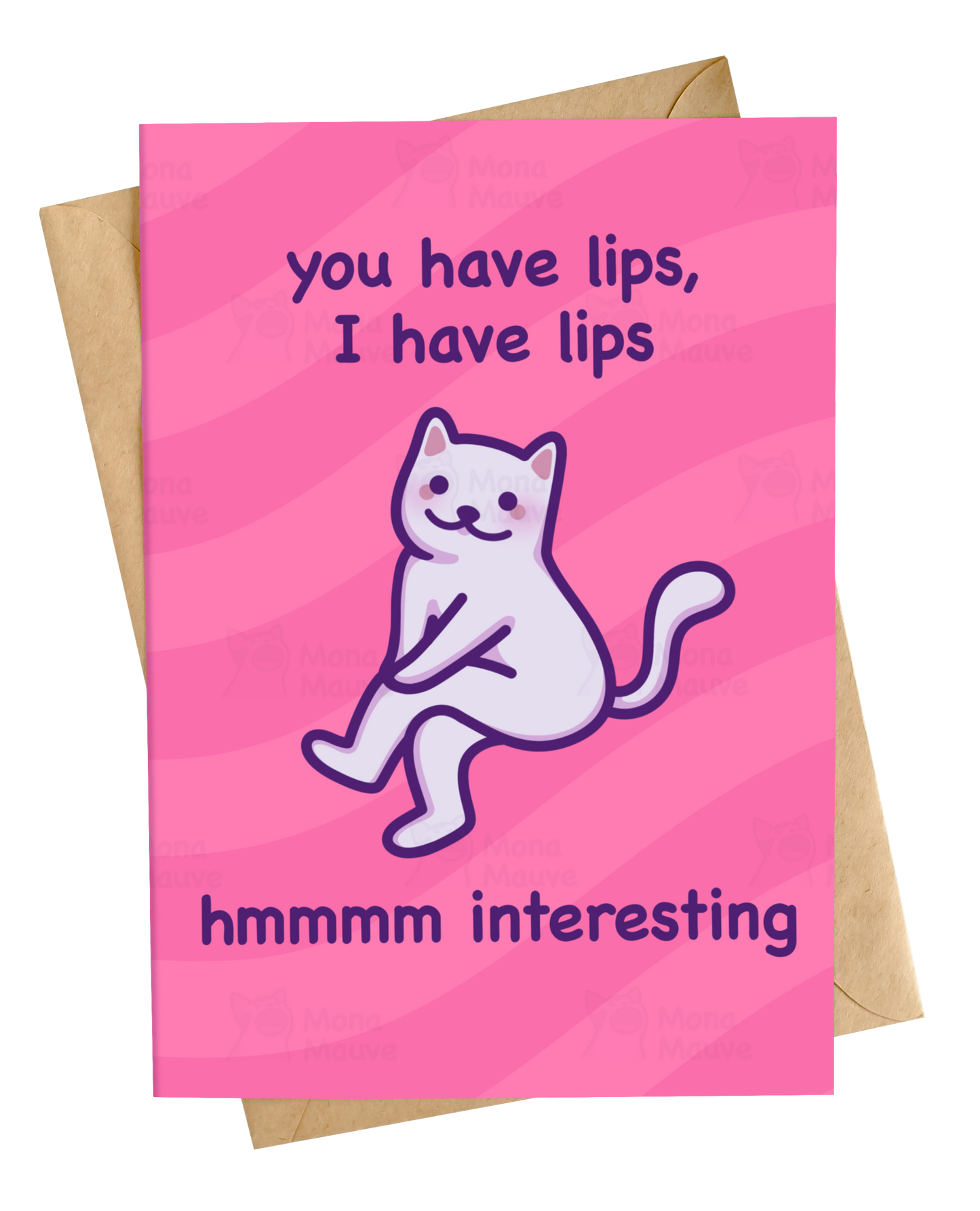 Funny cat anniversary or valentines day card with smug cat and text i have lips you have lips hmmm interesting