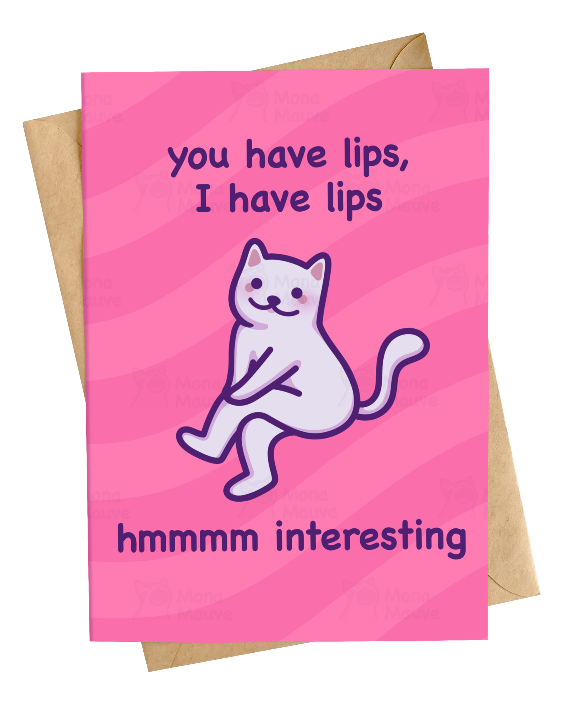 Funny cat anniversary or valentines day card with smug cat and text i have lips you have lips hmmm interesting