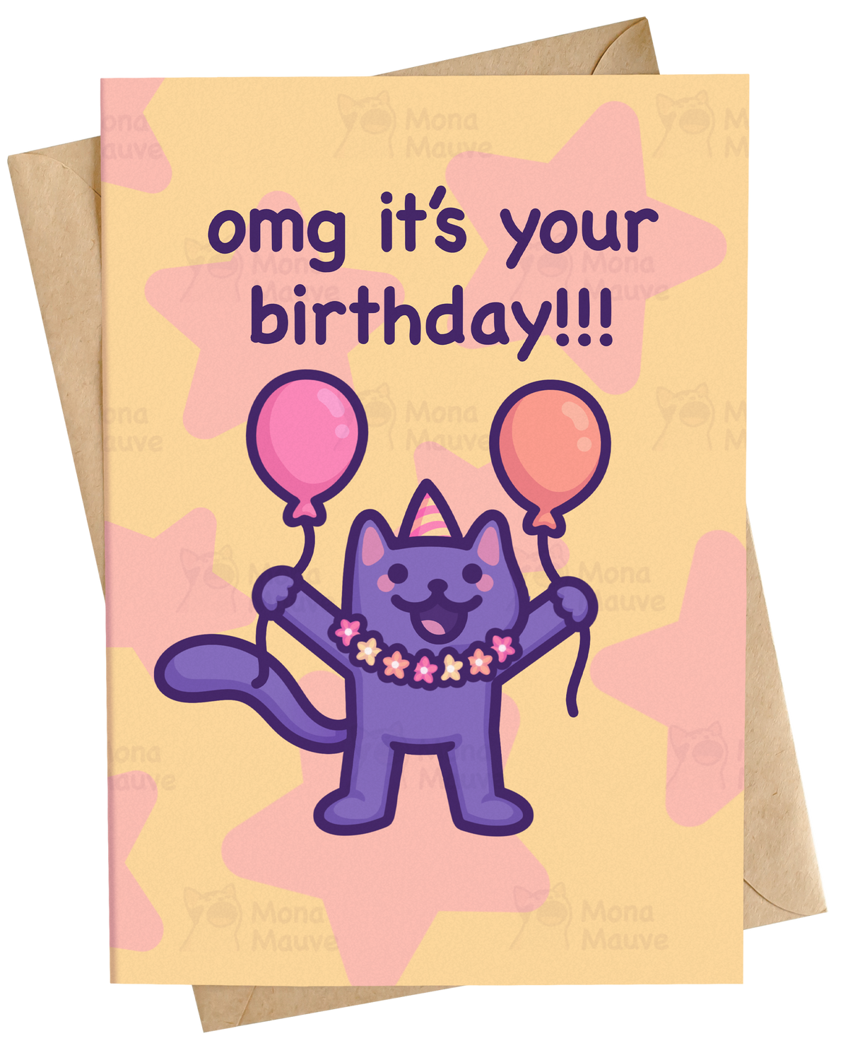 A greeting card with a kraft envelope behind it, featuring a purple cartoon cat holding pink and orange balloons with the text 'omg it's your birthday!!!' on a pale yellow background with pink star shapes.