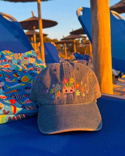 Floral Cat Embroidered Denim Cap | Kitty With Flowers | Pastel Summer Hat