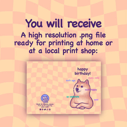Printable Doge Birthday Card | Cute & Funny Dog Meme | Digital Download | Birthday Gift for Husband, Wife, Friend, Boyfriend - Her or Him