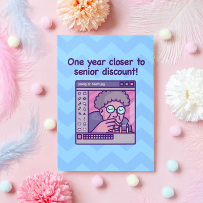 Funny Birthday Card | One Year Closer to Senior Discount! | Vaporwave Rude & Offensive Happy Birthday Card | Funny Gift for Her or Him