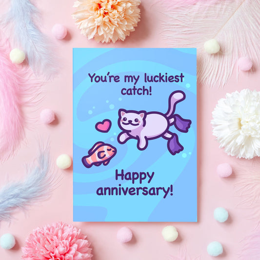 Cute Anniversary Card | You're My Luckiest Catch! | Funny Cat & Fish Love Card | Handmade Gift for Husband, Wife, Boyfriend - Her or Him