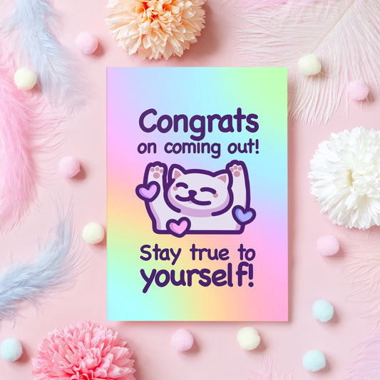 Congrats On Coming Out Card | Stay True to Yourself! | Wholesome LGBTQ+ Pride Month Gift | Blank Rainbow Greeting Card With a Cat