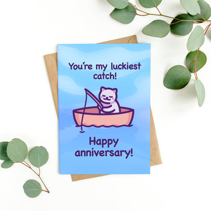 Cute Anniversary Card | You're My Luckiest Catch! | Funny Cat Lover Gift for Husband, Partner, Boyfriend, Girlfriend, Wife, - Her or Him