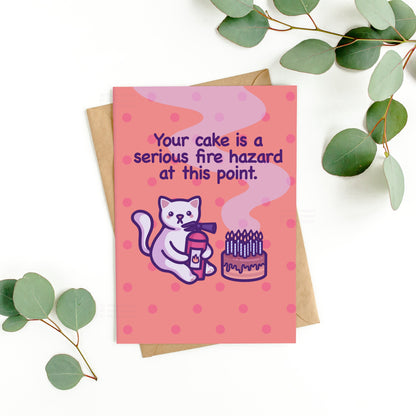 Funny Birthday Card | Your Cake Is a Fire Hazard | Humorous Cat Birthday Gift for Best Friend, Boyfriend, Girlfriend, Husband - Her or Him