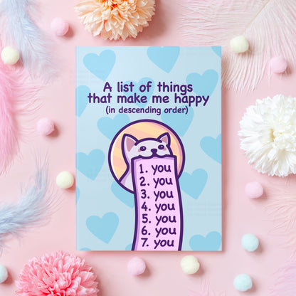 Wholesome Anniversary Card | A List of Things That Make Me Happy (You)! | Funny & Cheesy Cat Meme Greeting Card | Gift for Boyfriend, Girlfriend - Her or Him